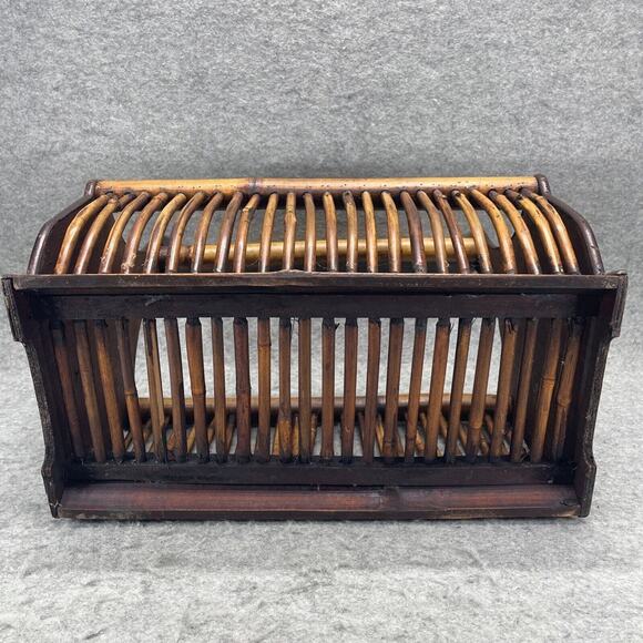 VTG Mid Century Modern Burnt Rattan Tortoise Tiger Bamboo Magazine Rack Basket - Picture 11 of 11